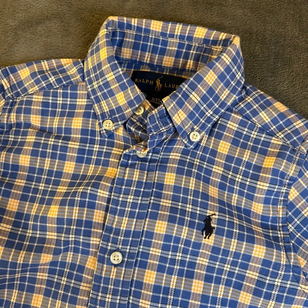 Ralph Lauren Plaid Button Down Shirt Kids 3T Blue Yellow Long Sleeve‎